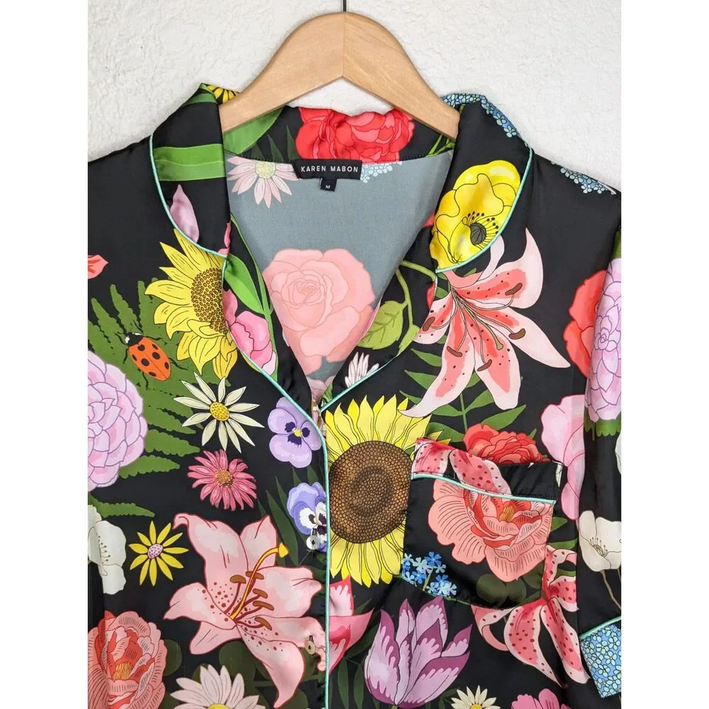 Karen Mabon Pajama Top Size M Black Floral Short Sleeve Button Up Artsy Trendy - Picture 5 of 8